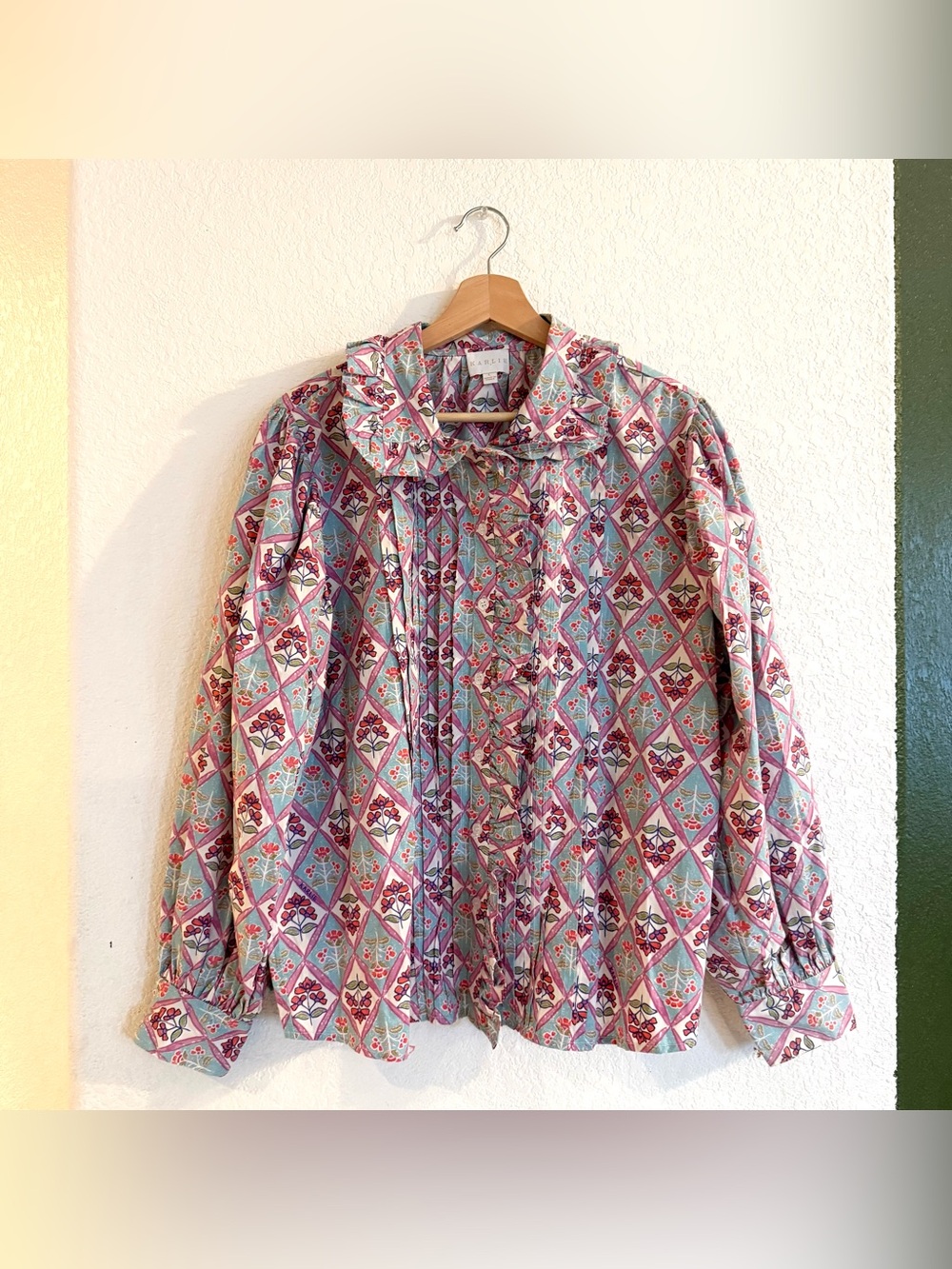 Karlie Womens Shirt Blouse Pink Grid Floral Oversized Collar Pleated Large